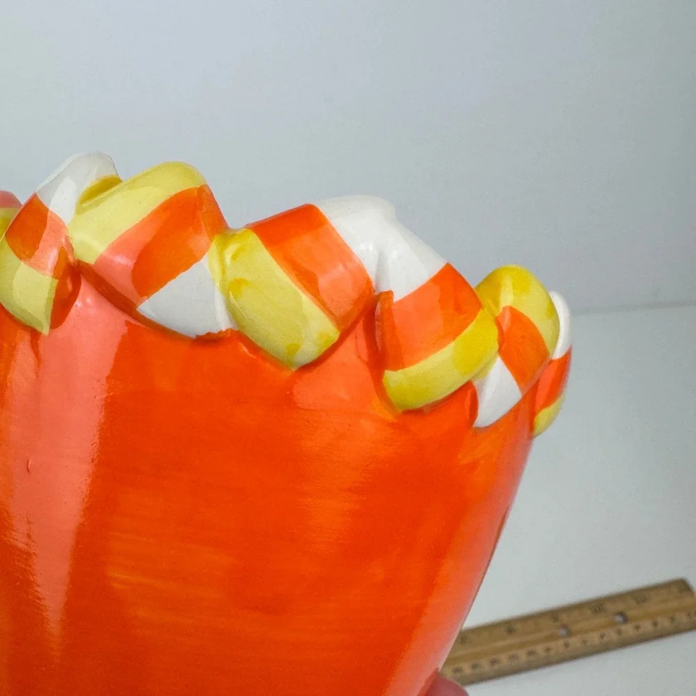 Halloween Candy Corn Border Small Round 3D Planter Glaze Orange Ceramic Handwash